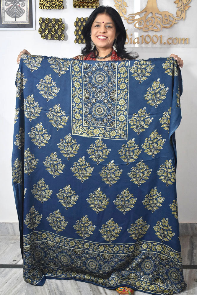 Designer Modal Silk Ajrakh Hand Block Print Kurta Fabric - 2.5 mtrs cut