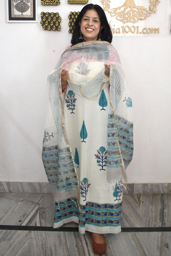 Designer Hand Block Print Cotton suit with Chanderi dupatta