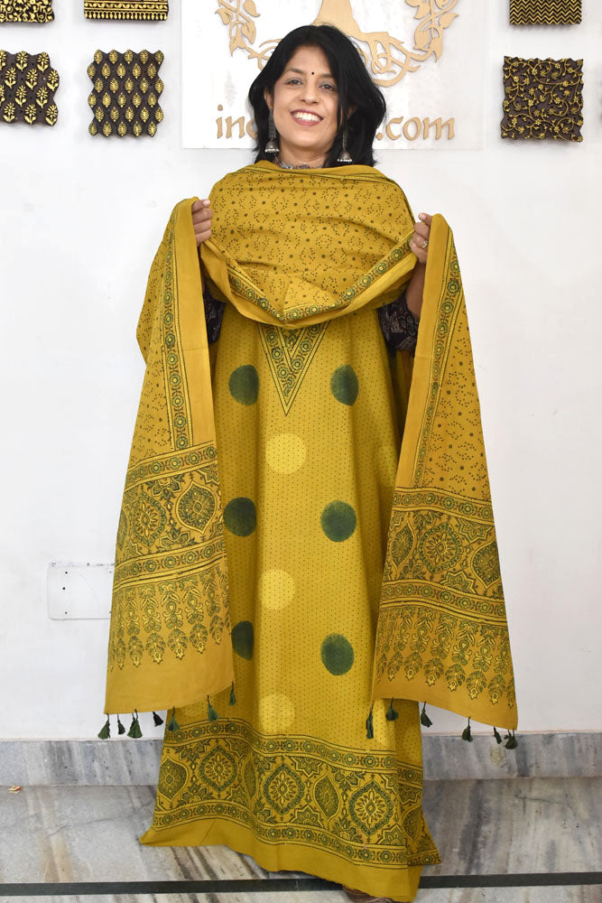 Block Print Ajrakh Cotton Suit with designer Ajrakh neck yoke /panel & Dupatta