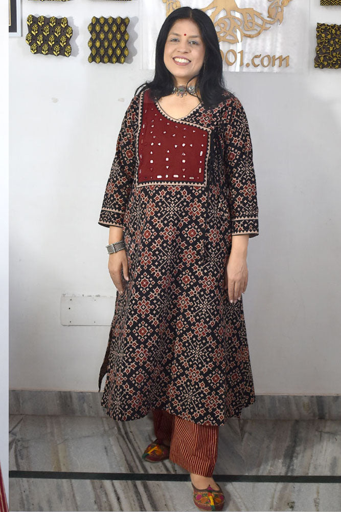 Designer Hand Block Printed Ajrakh cotton Kurta With Mirror Work - Size 38 to 46 ( all sizes)