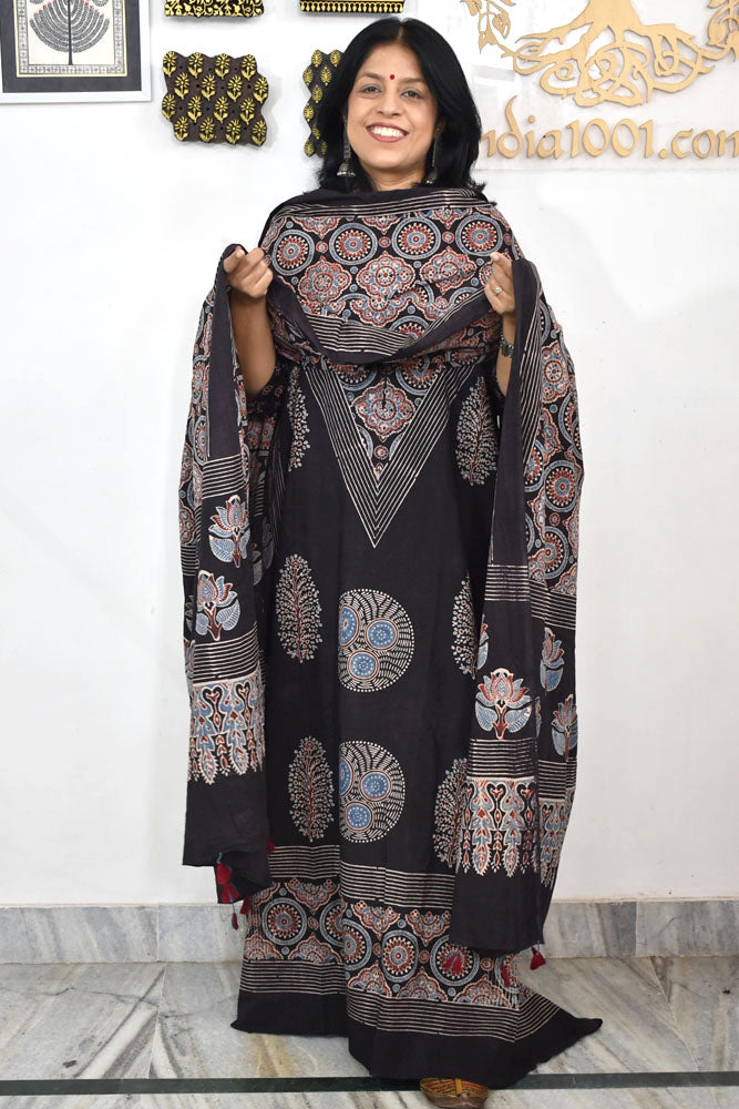 Block Print Ajrakh Cotton Suit with designer Ajrakh neck yoke /panel & Dupatta