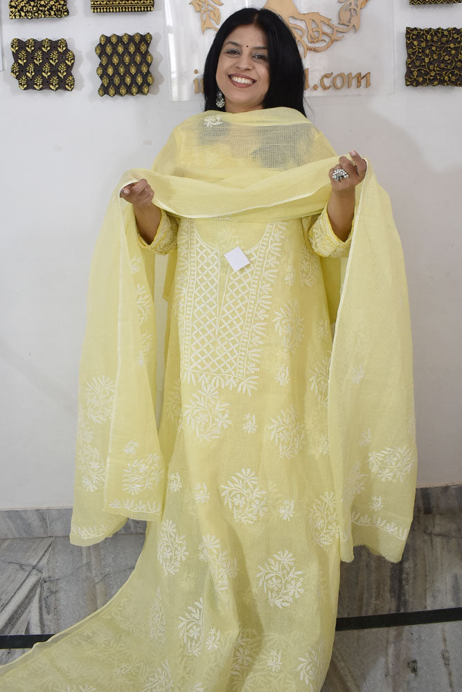 Elegant Kota Doria Kurta & Dupatta Set with Lucknowi Hand Tepchi Work embroidery NO - 8