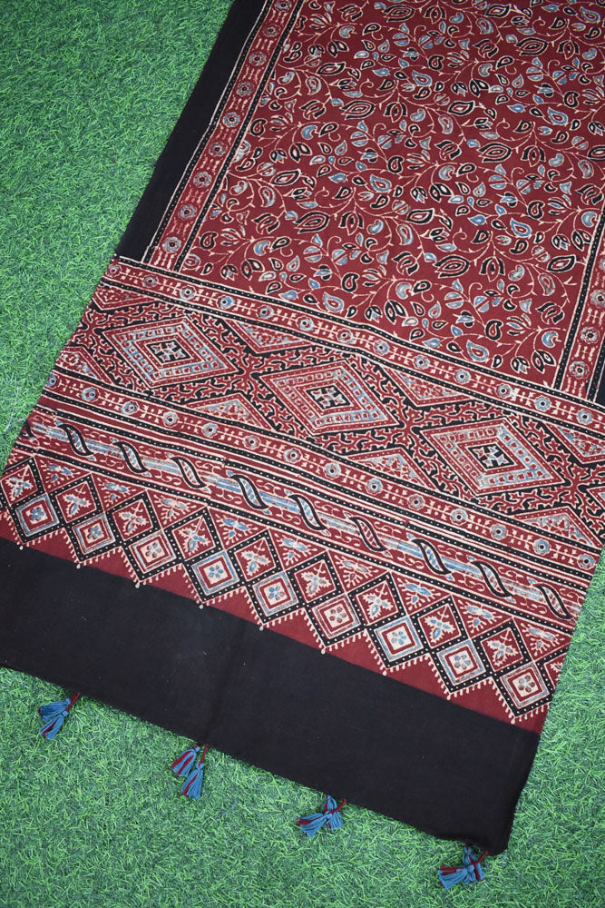 Ajrakh Hand Block Printed Khadi Cotton Stole with Tassels & natural dyes