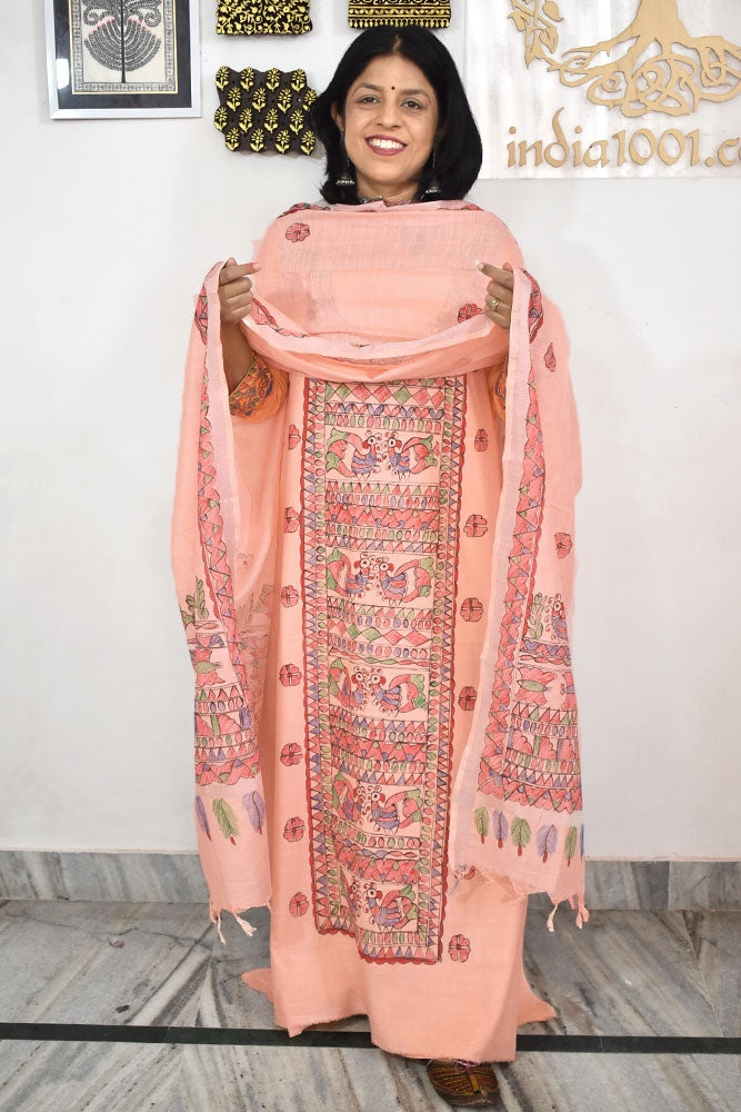 Slub Cotton suit with Hand Painted Madhubani Art patterns