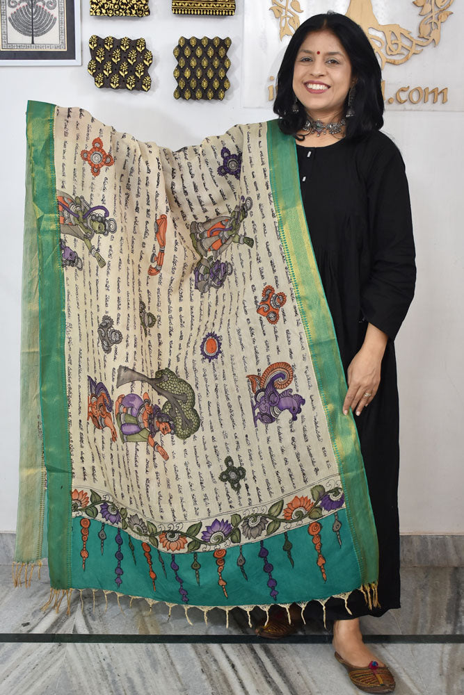 Beautiful Bangalore Cotton Silk Hand Painted Kalamkari Dupatta