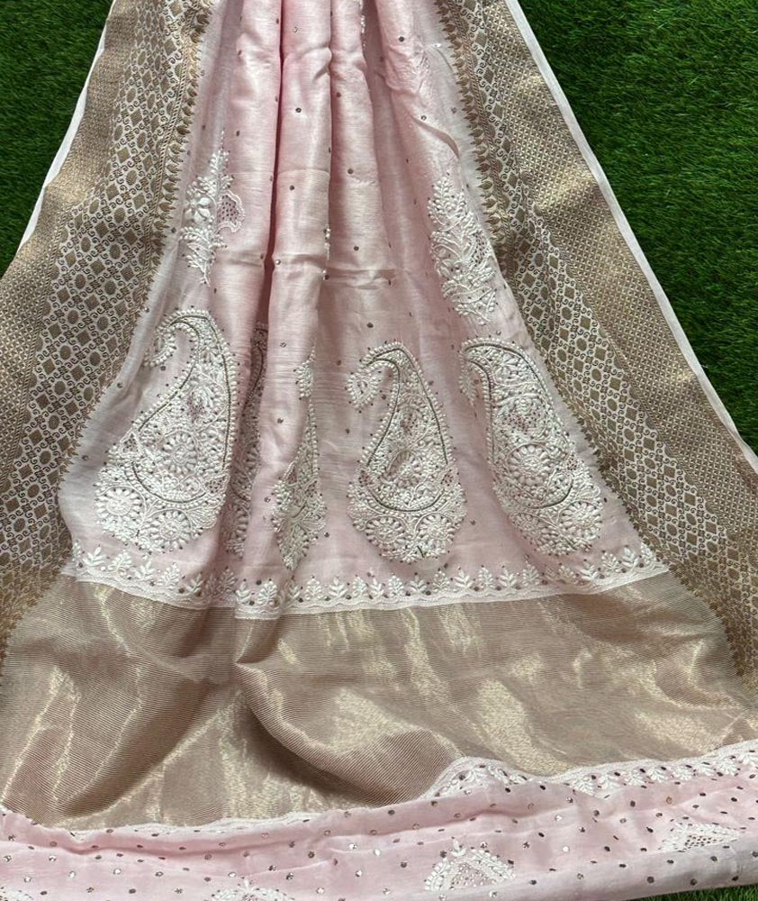 Beautiful Banarasi Chanderi Saree with Hand Lucknowi Chikankari & muqaish work & Zari border