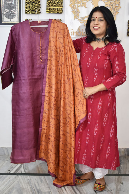 Semi Stitched Block Printed Tussar Silk Dupatta  & Tussar Kurta Fabric