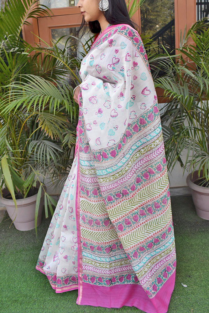 Eternal Embrace : Beautiful Hand Block Printed Chanderi Silk Cotton Saree