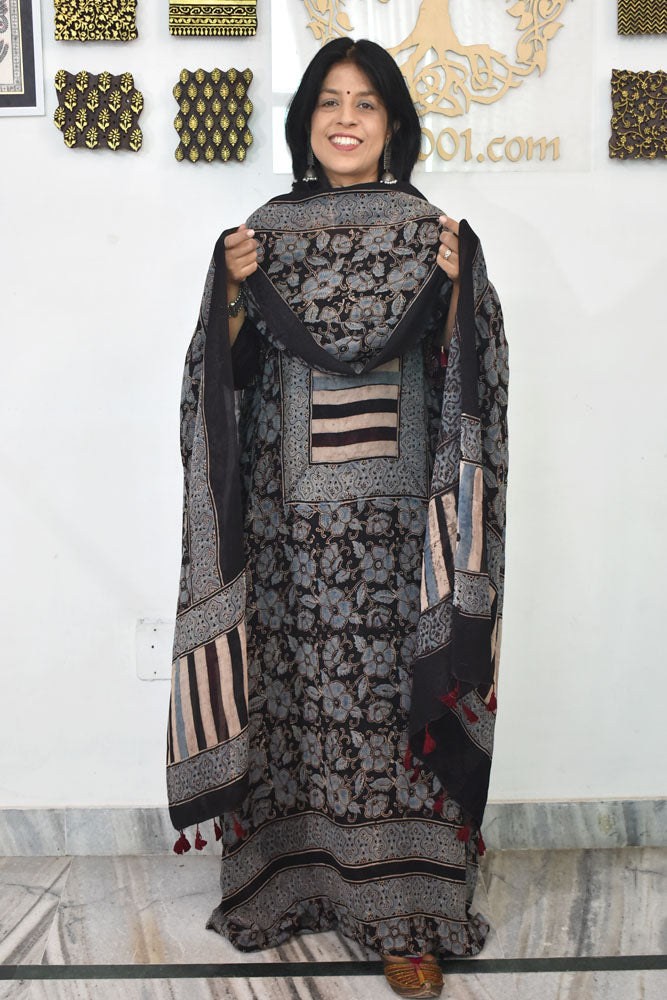 Ajrakh Hand Block Print Georgette Dupatta & Georgette Kurta Fabric