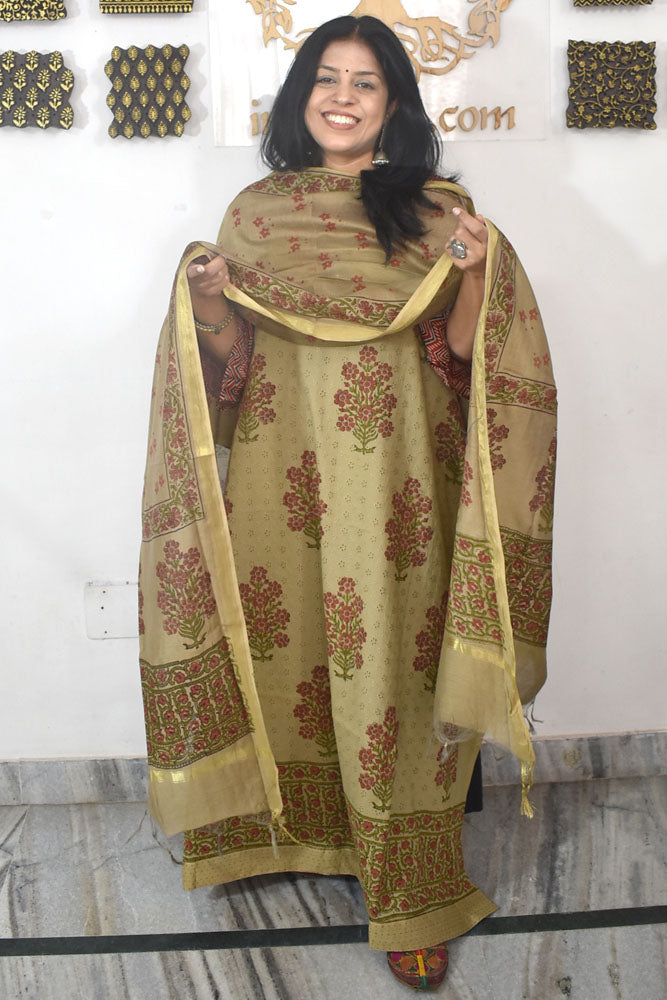Elegant Hand Block print cotton suit with Schiffli work & Chanderi dupatta
