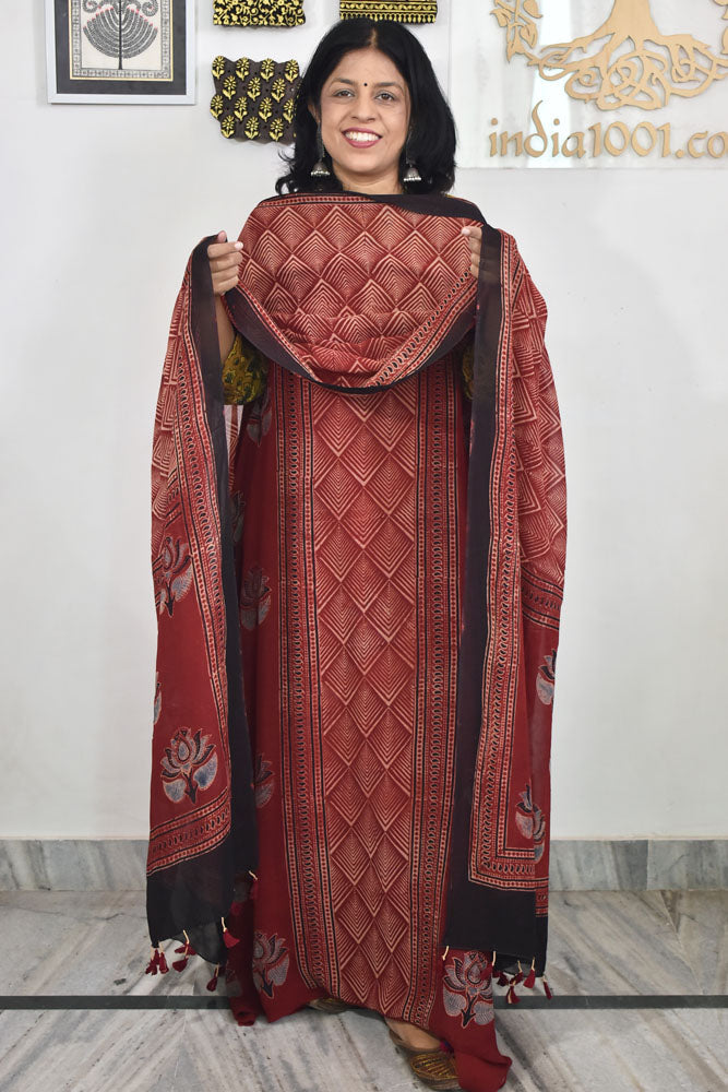 Ajrakh Hand Block Print Georgette Dupatta & Georgette Kurta Fabric