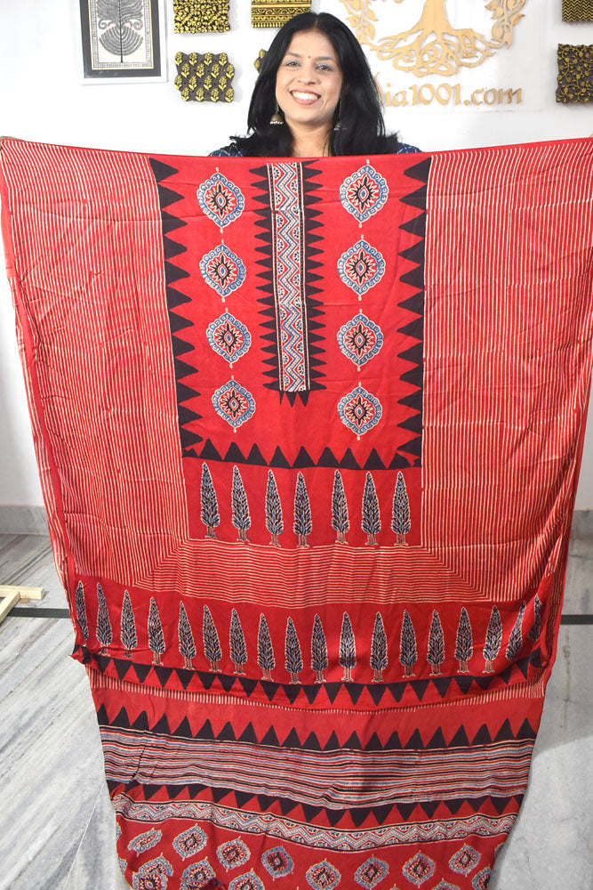 Designer Modal Silk Ajrakh Hand Block Print Kurta Fabric - 3 mtrs cut
