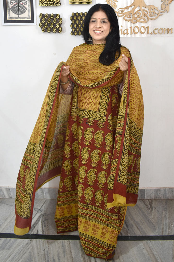 Bagh Hand Block Printed unstitched 3 pc Cotton suit fabric with block print from MP
