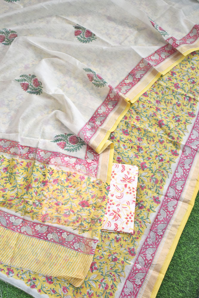 Elegant Sanganer Hand Block Printed Maheshwari Unstitched suit fabric