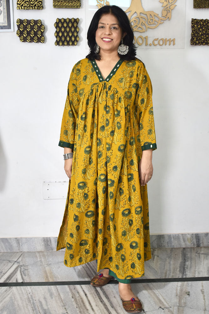 Designer Hand Block Printed Ajrakh cotton Kurta with Alia Cut and Kutch Mirror work - Size 40 to 44 ( all sizes)