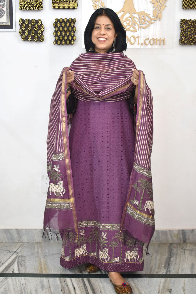 Elegant Hand Block print cotton suit with Schiffli work & Chanderi dupatta