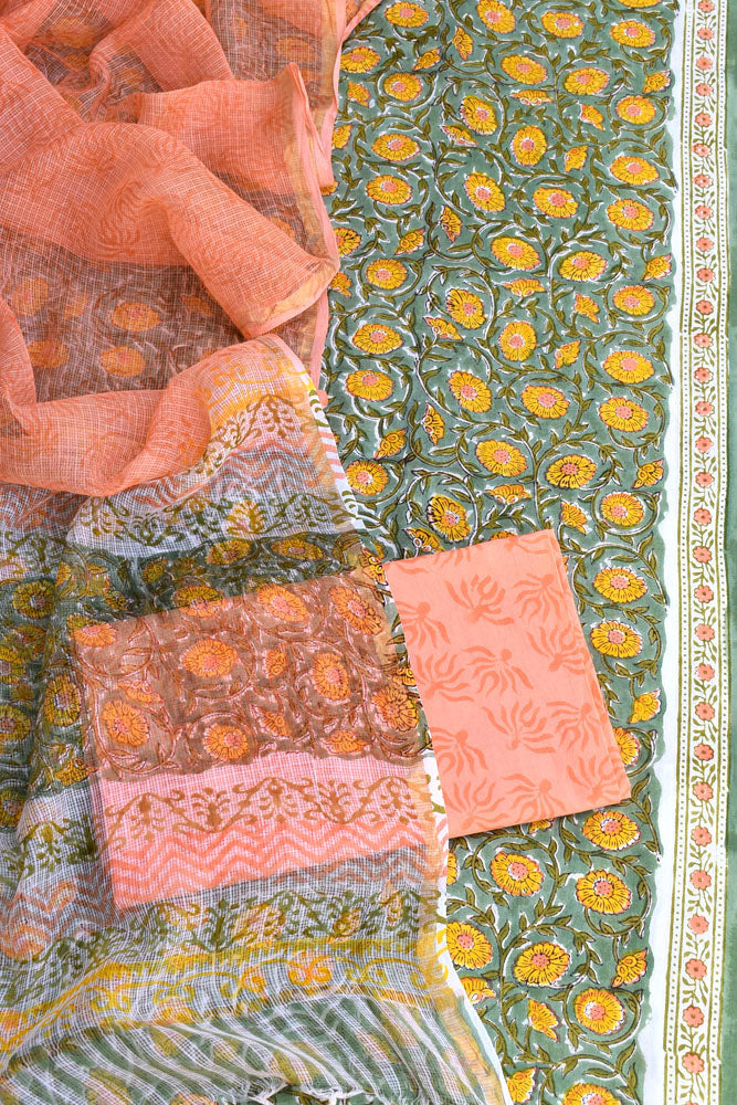 Beautiful Hand Block Printed Cotton unstitched suit fabric with Kota Doria Dupatta