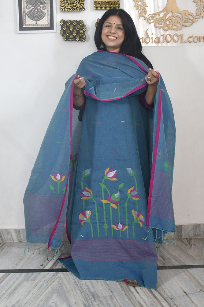 Kalakriti : Beautiful Hand Woven Soft Cotton Needle Jamdani Kurta Fabric & Dupatta set