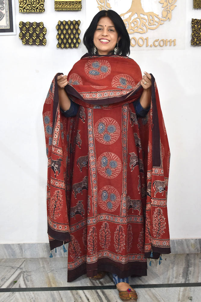 Block Print Ajrakh Cotton Suit with designer Ajrakh neck yoke /panel & Dupatta