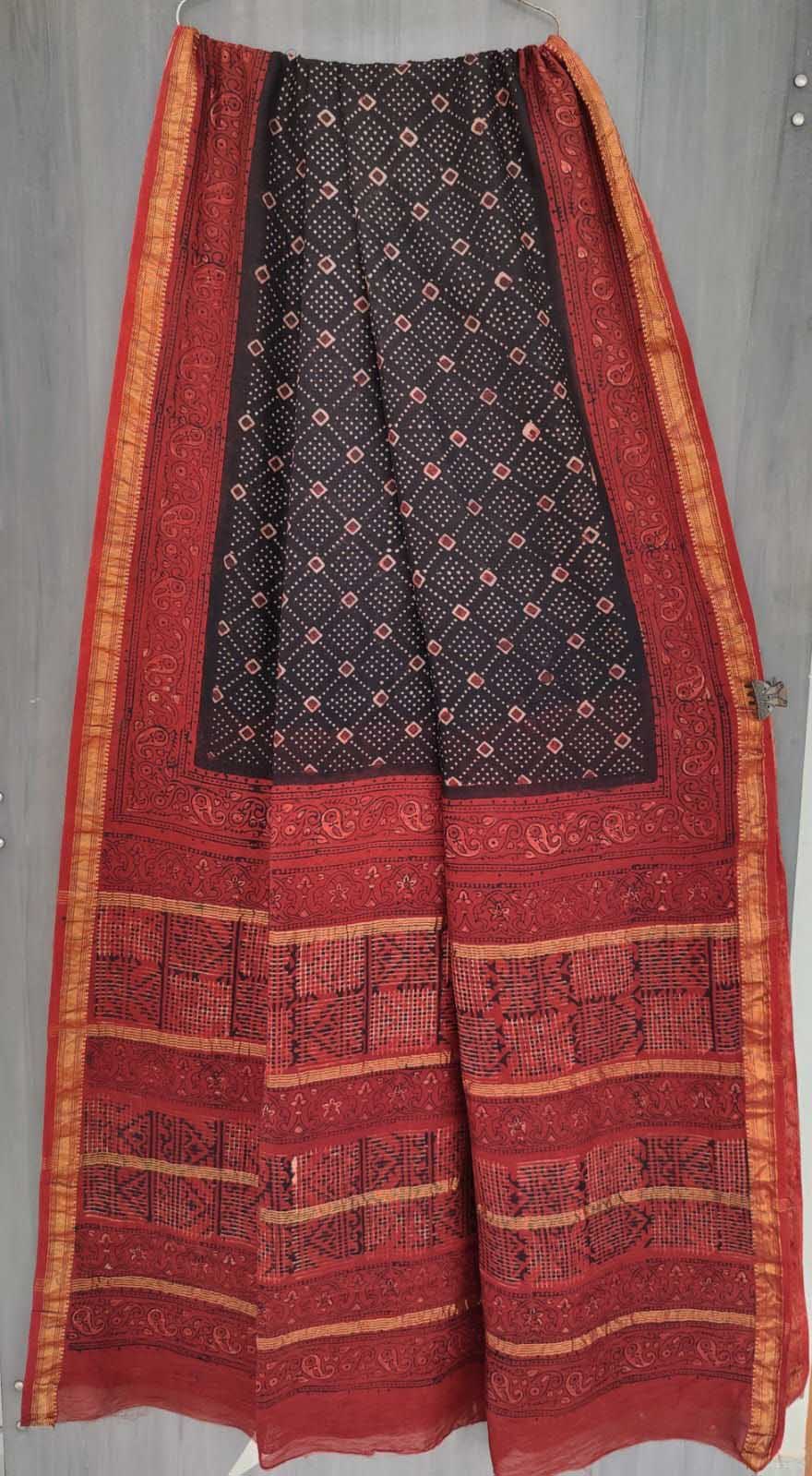Elegant & Earthy Hand Block Printed Dabu Ajrakh Maheshwari Saree