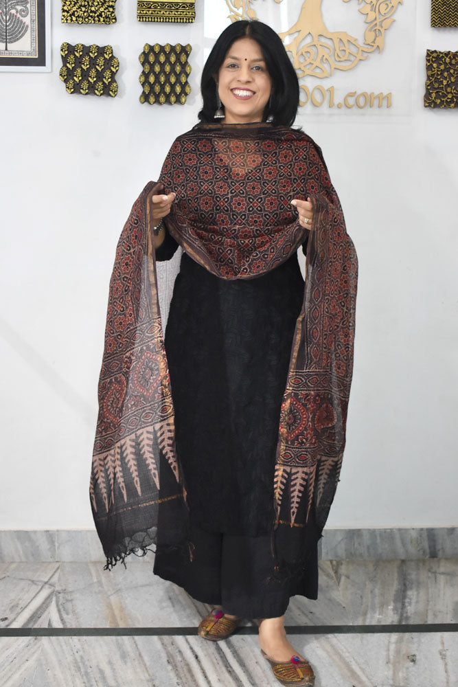 Beautiful Ajrakh Hand Block Printed Kota Dupatta