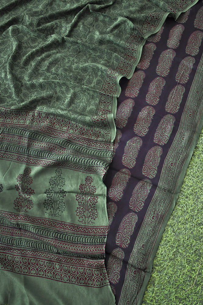 Bagh Hand Block Printed unstitched Mulburry silk cotton suit fabric With Chinon Dupatta