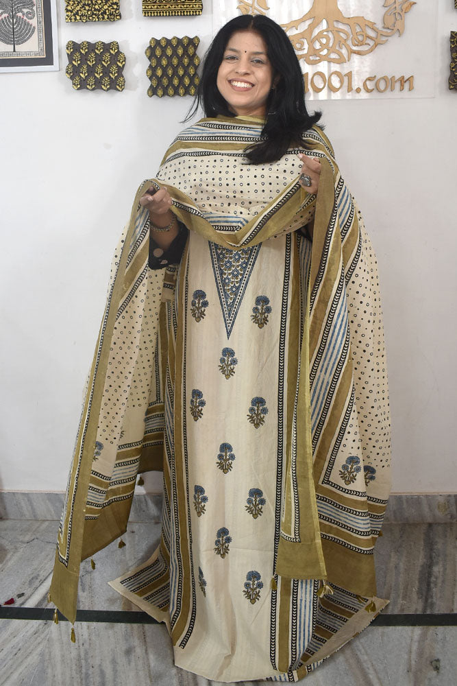Designer Ajrakh Cotton kurta with panel design & Cotton dupatta - 3 piece set