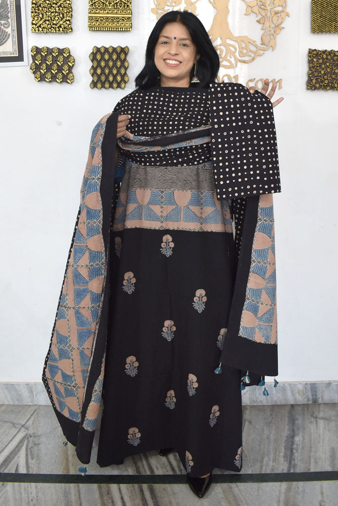 Designer Ajrakh Cotton Unstitched suit with panel design, Ajrakh Dupatta & Bottom- 3 piece set