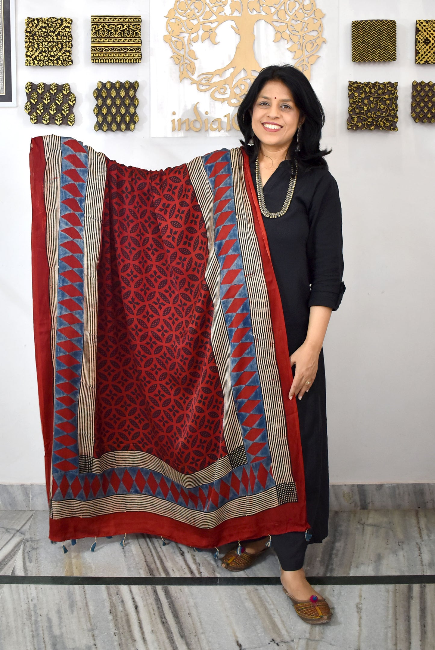 Designer Modal Silk Ajrakh Block Print Dupatta with tassels