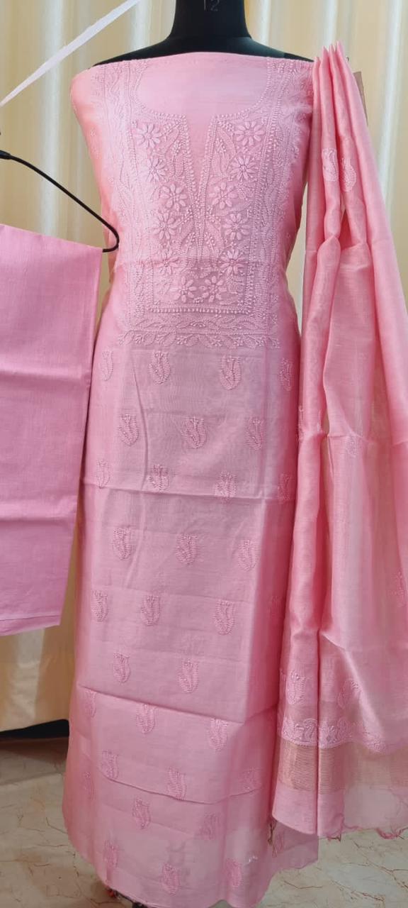 Elegant Chanderi silk Cotton Kurta & Dupatta with Chikankari Embroidery work & cotton bottom - 3 pc set