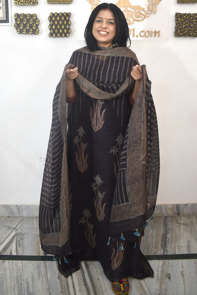 Designer Ajrakh Kota Silk Unstitched suit with Kota Silk Dupatta - 2 piece set