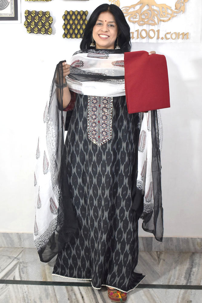 Elegant Handwoven Ikkat Cotton Unstitched Suit with Ajrakh patch ,Intricate Hand Embroidery block print dupatta