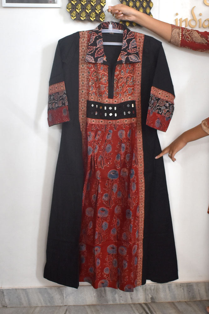 Designer Hand Block Printed Ajrakh cotton Kurta With Mirror Work - Size 38 to 46 ( all sizes)