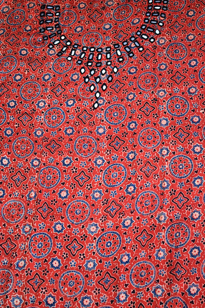 Designer Ajrakh Modal Silk Kurta Fabric with Kutch Mirror Work - 3 mtrs length