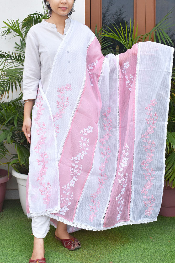 Handcrafted Phool Patti Applique & Hand Crochet work Kota cotton dupatta