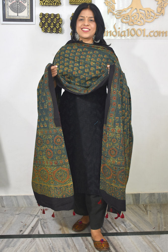 Ajrakh Hand Block Printed Cotton Dupatta with Tassels & natural dyes