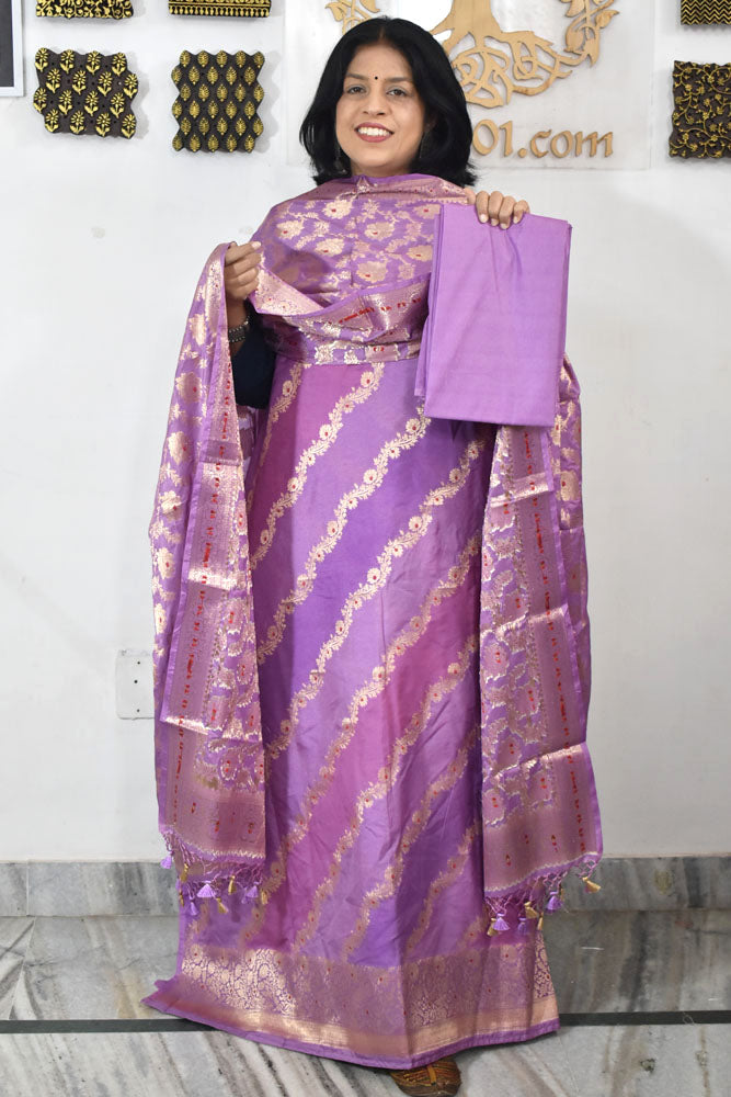 Beautiful Banarasi Katan silk unstitched suit fabric with Woven Booties