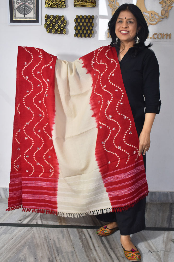 Kutch Handwoven Mirror Work Bandhani Pure Wool Shawl