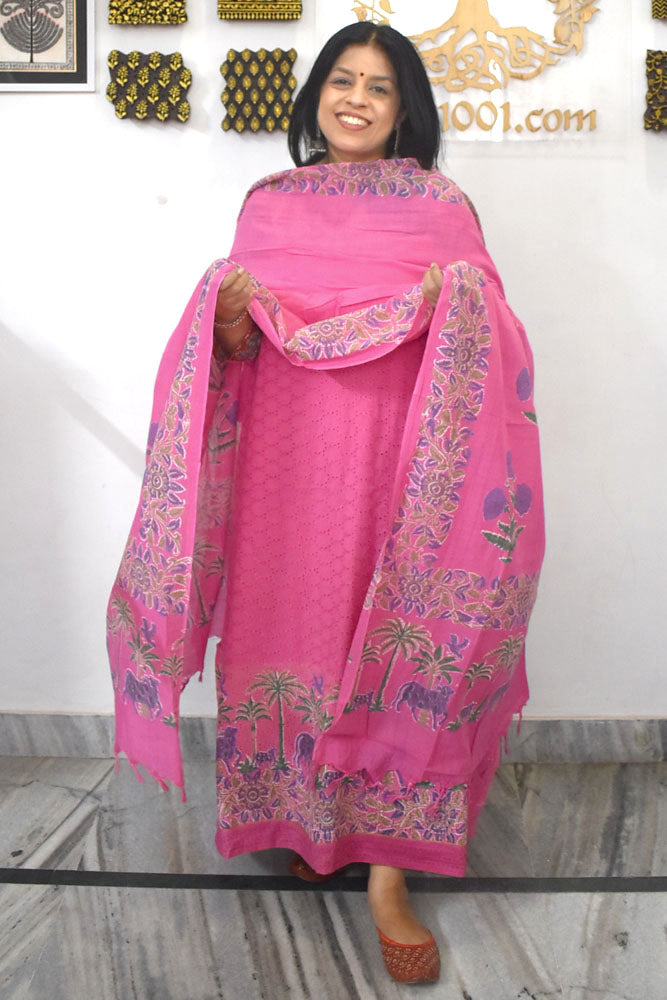 Elegant Hand Block print cotton suit with Schiffli work & Cotton dupatta