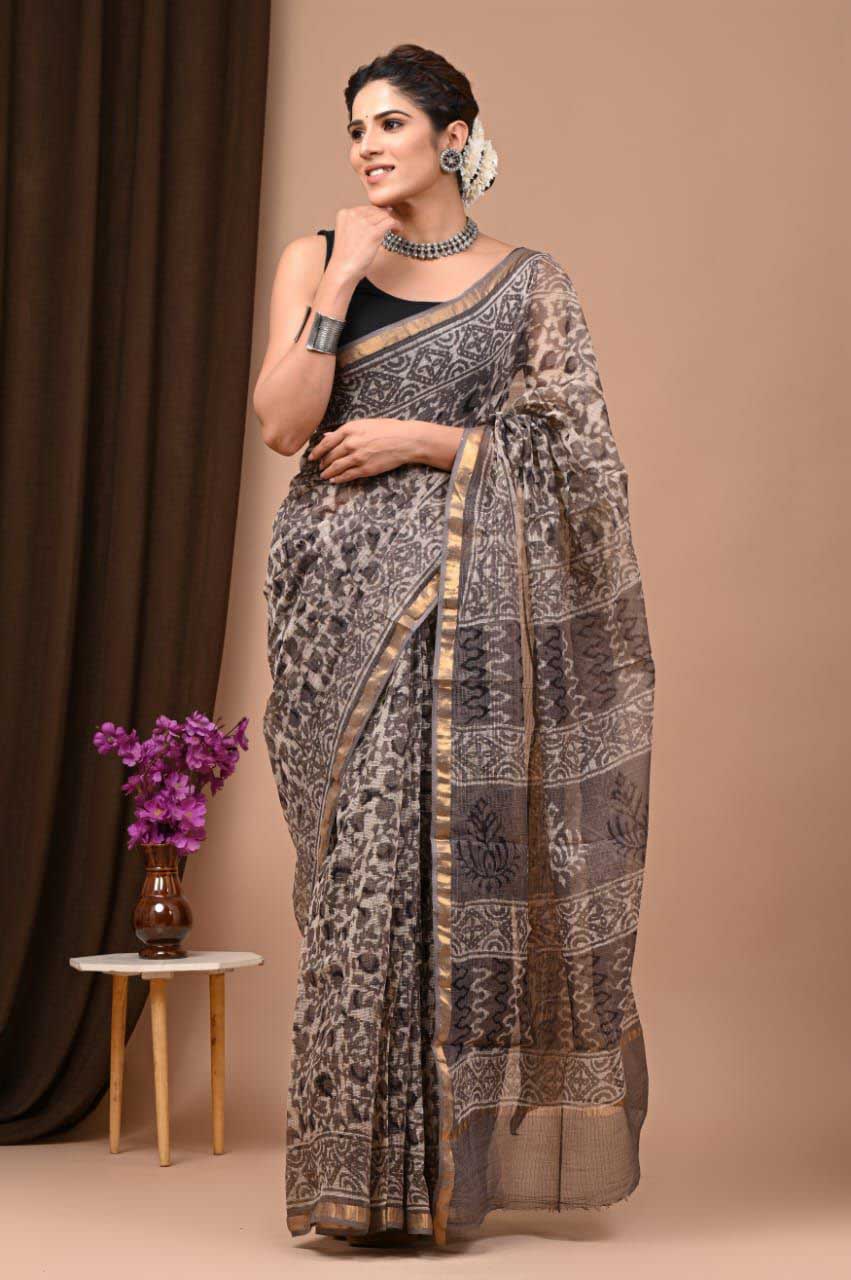 Beautiful Hand Block Printed Kota cotton Saree with zari border