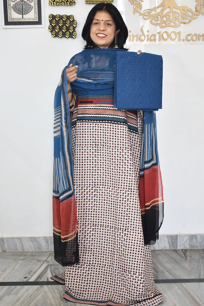 Designer Hand Block printed Cotton suit with chiffon dupatta