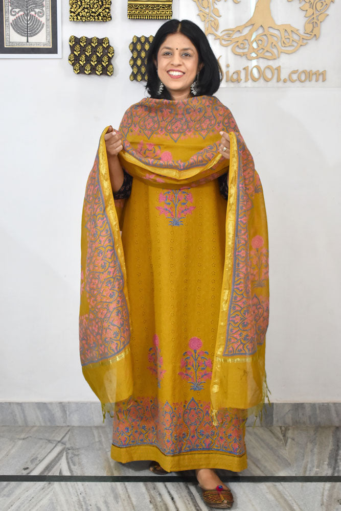 Elegant Hand Block print cotton suit with Schiffli work & Chanderi dupatta
