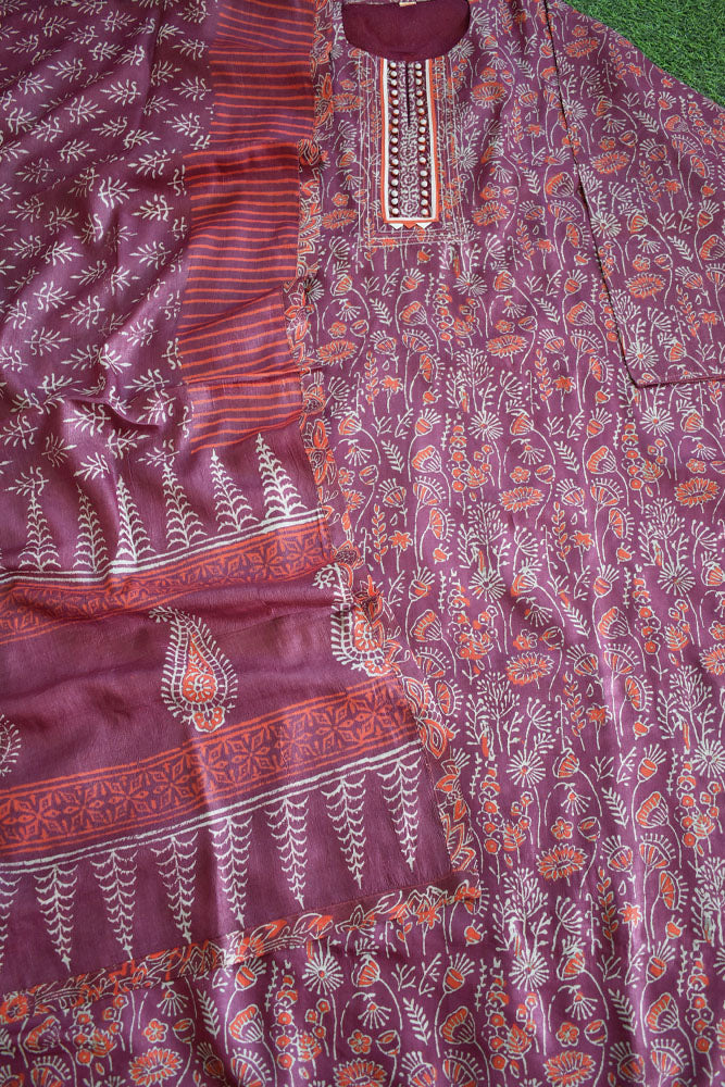 Semi Stitched Block Printed Tussar Silk Dupatta & Tussar Kurta Fabric