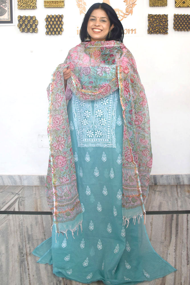 Elegant Lucknowi Chikankari Hand Embroidery work & Block print Dupatta - 2 pc set