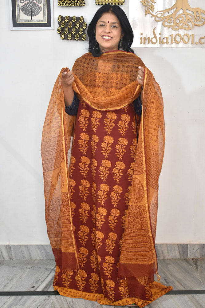 Classic Bagh Block Printed unstitched suit fabric with Kota Doria dupatta