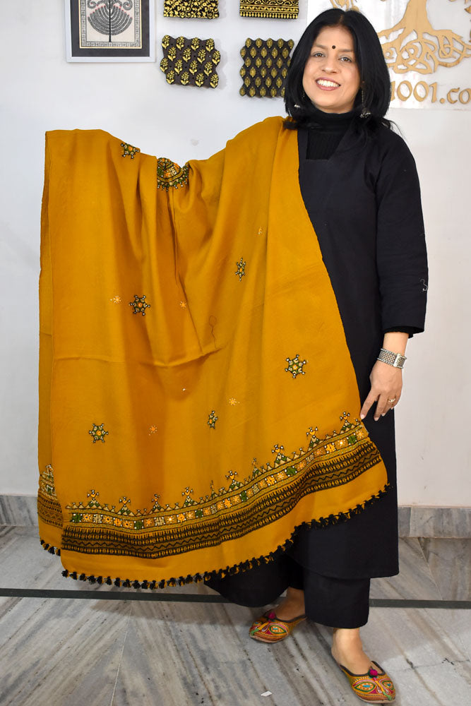 Handwoven Bhujodi Intricate Hand Embroidery & Hand Mirror Work Woolen Shawl