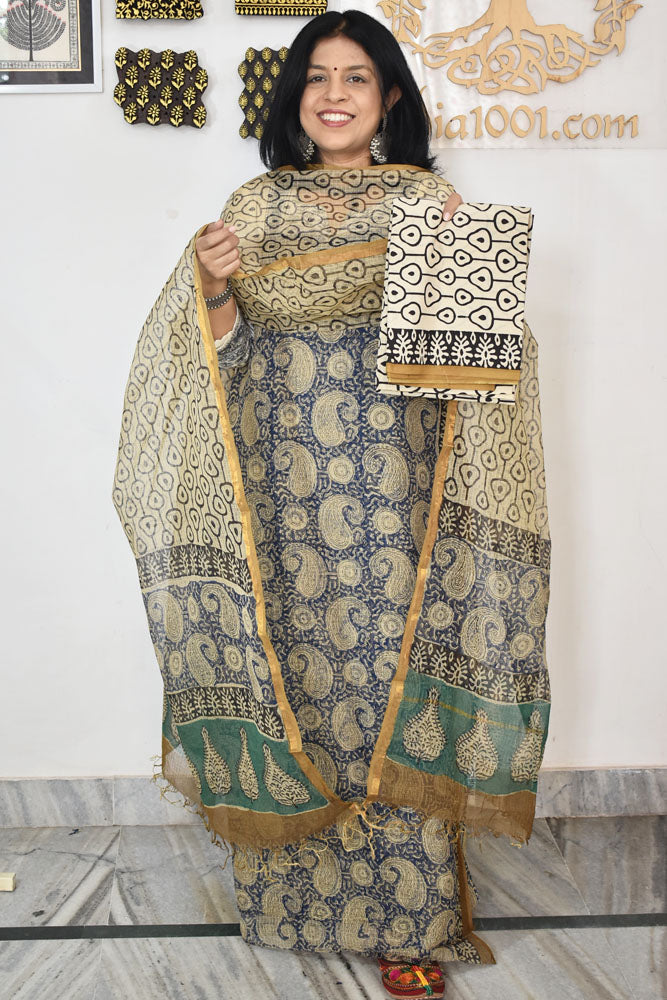 Beautiful Kota Doria cotton suit with Hand Block print