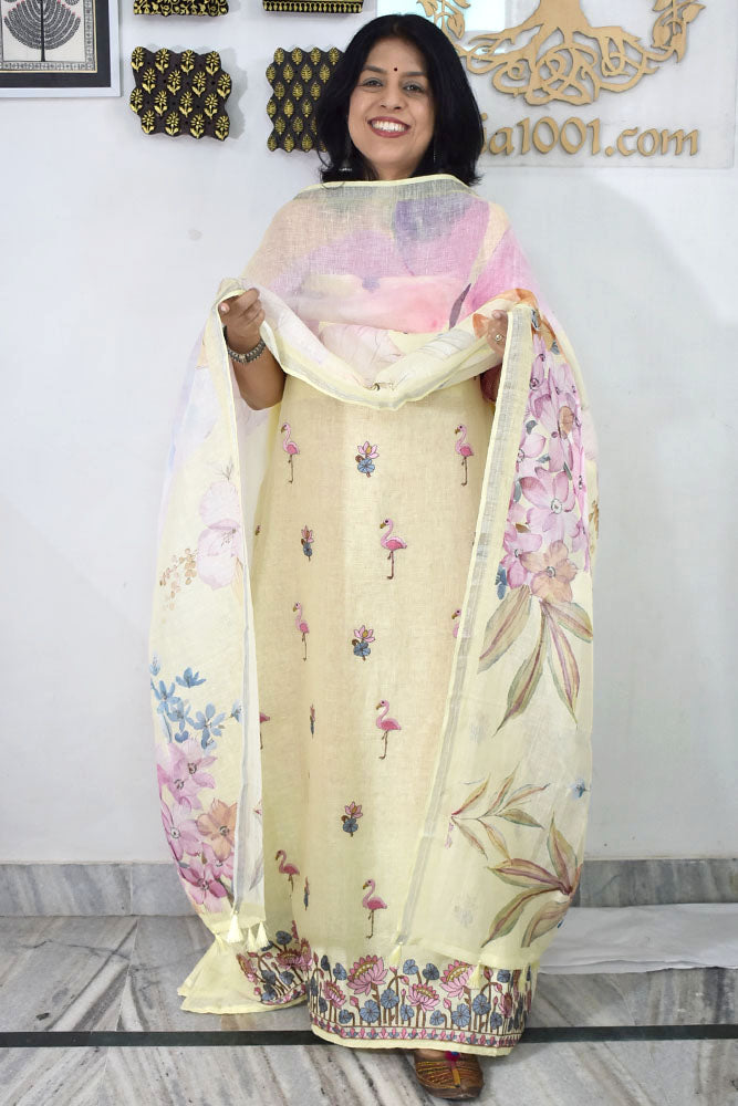Dhairya : Beautiful Pure Linen suit with Digital print , intricate embroidery and cotton silk bottom