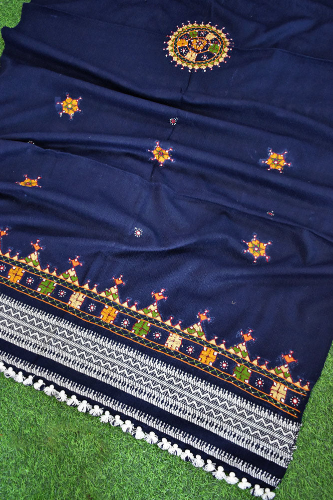 Handwoven Bhujodi Intricate Hand Embroidery & Hand Mirror Work Woolen Shawl