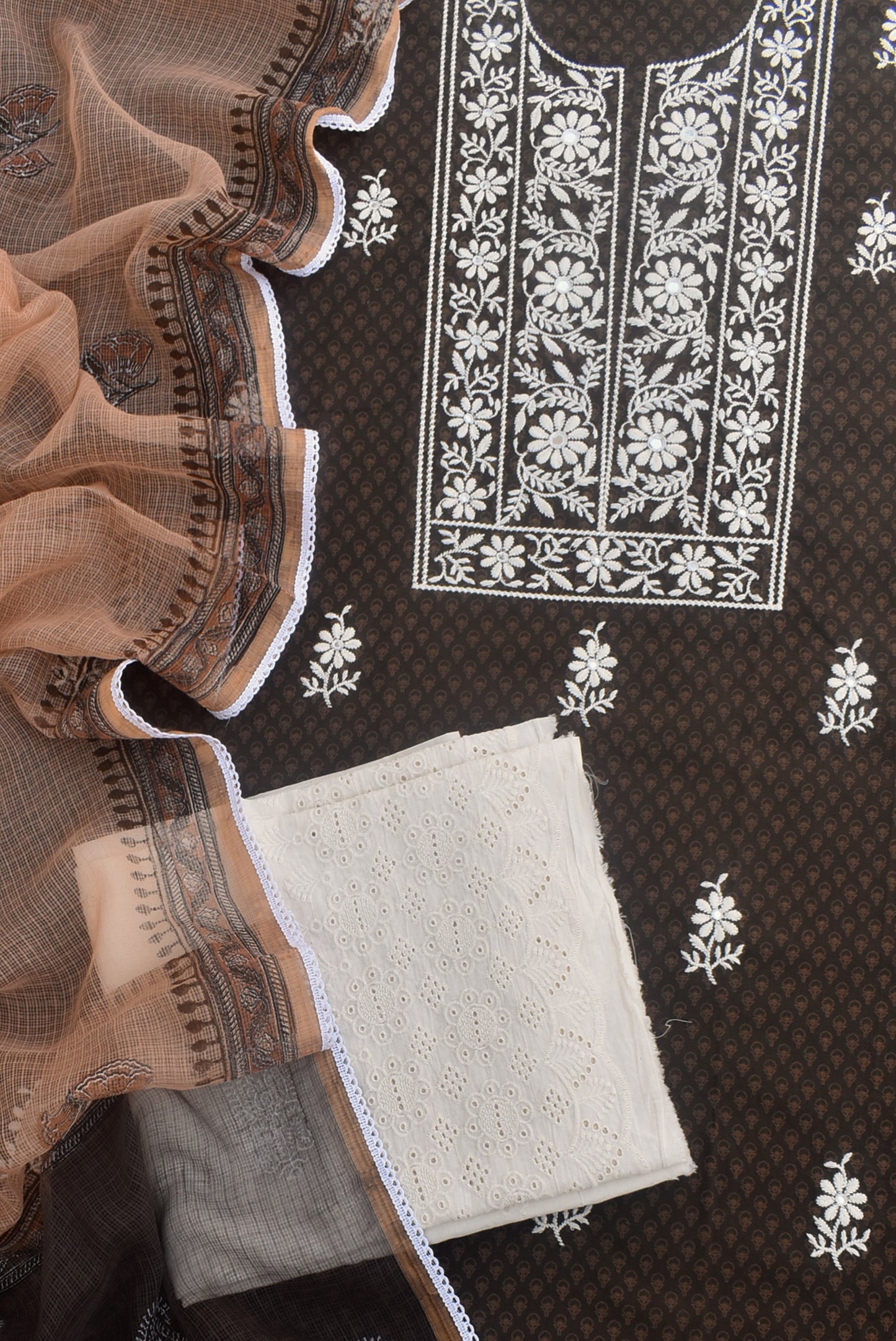 Beautiful Cotton Unstitched Suit Fabric with Embroidery work, Lace Detailing, Schiffli work bottom & & Kota Dupatta dupatta